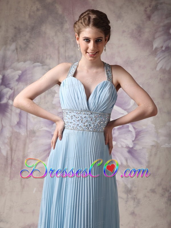 Lovely Baby Blue A-line Halter Prom Dress Chiffon Beading Long