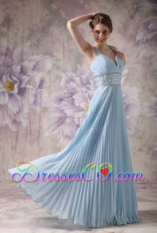 Lovely Baby Blue A-line Halter Prom Dress Chiffon Beading Long