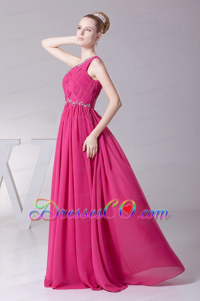 One Shoulder and Ruched Bodice For Hot Pink Prom Dress With Beading