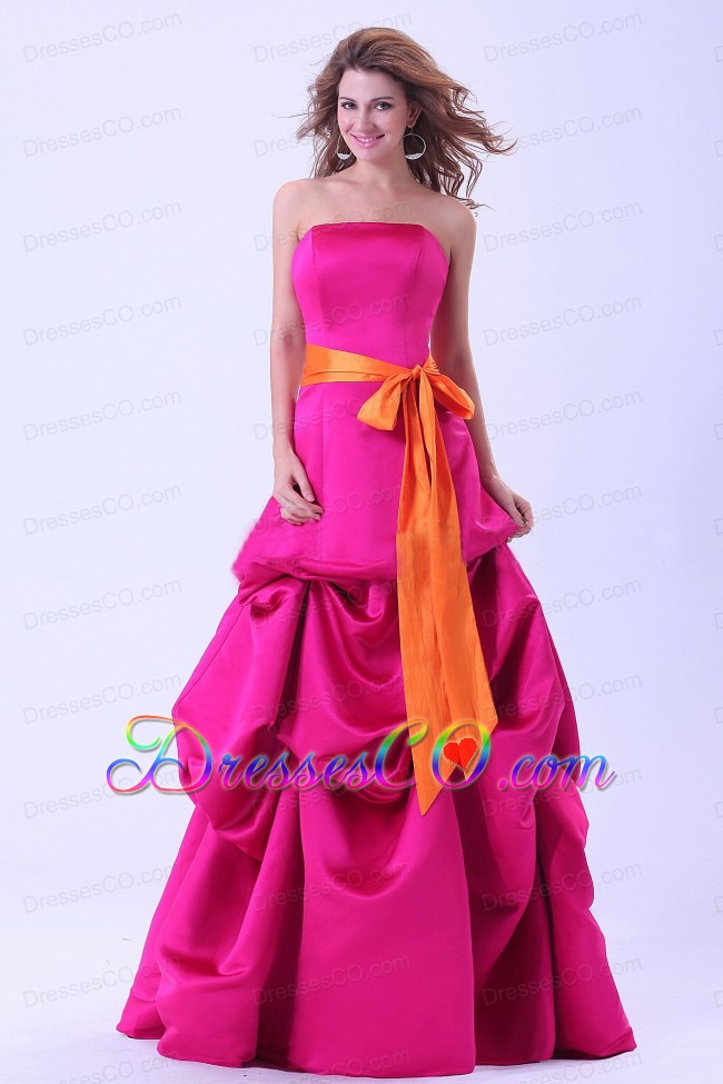 Hot Pink Prom Dress With Orange Sash And Pick-ups A-line Long