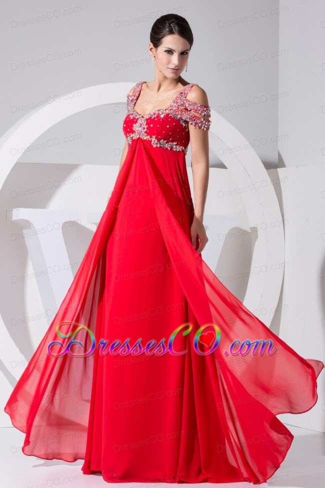 Beading Decorate Bodice Red Chiffon Straps Prom Dress Long