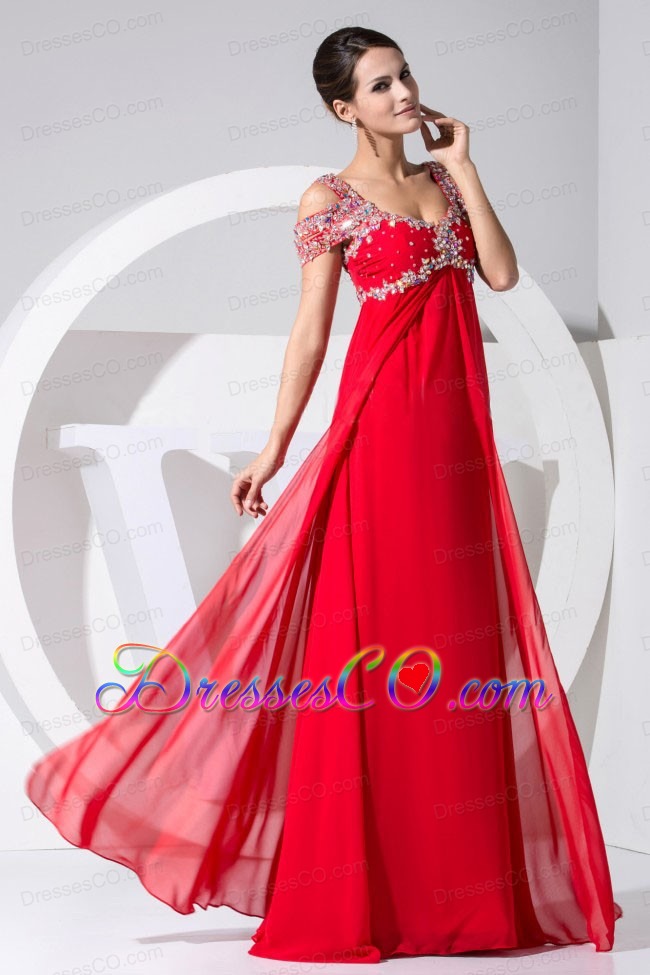 Beading Decorate Bodice Red Chiffon Straps Prom Dress Long