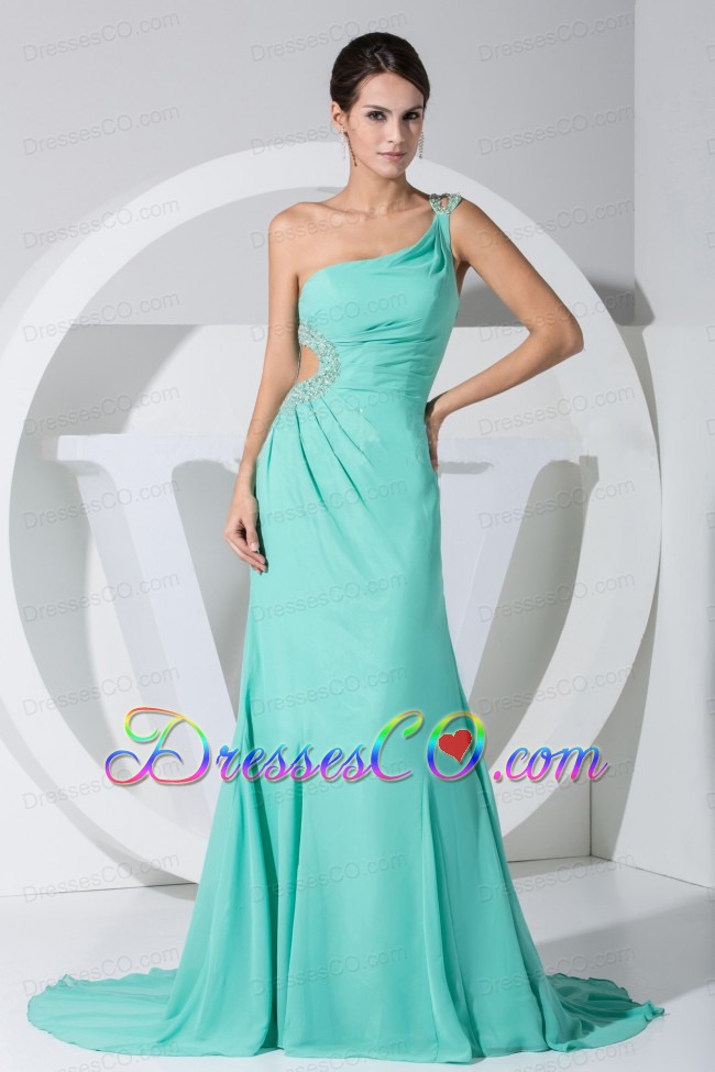 Beading Decorate Bodice One Shoulder Turquoise Chiffon Brush Train Prom Dress For 2013