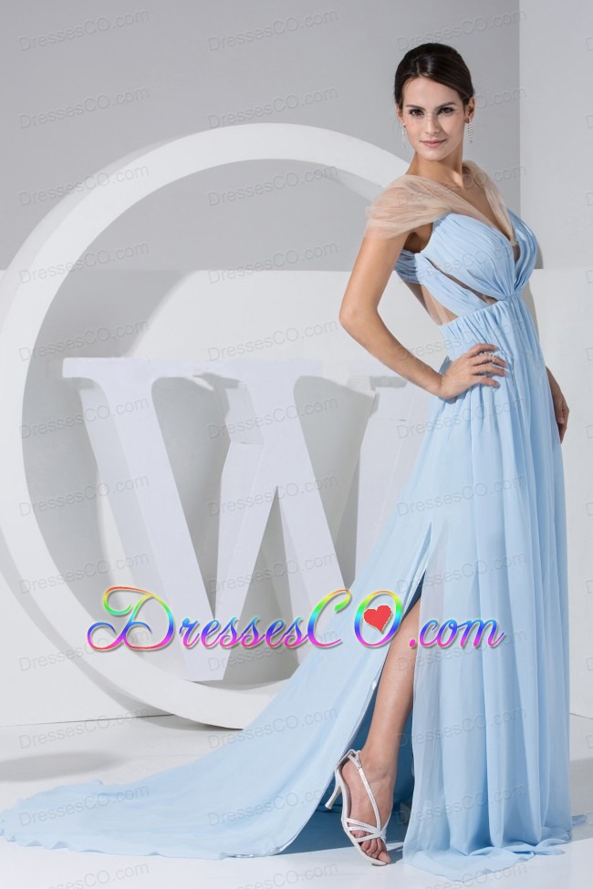 High Slit Light Blue Chiffon Brush Train Prom Dress For Ruching V-neck