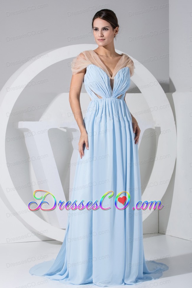 High Slit Light Blue Chiffon Brush Train Prom Dress For Ruching V-neck