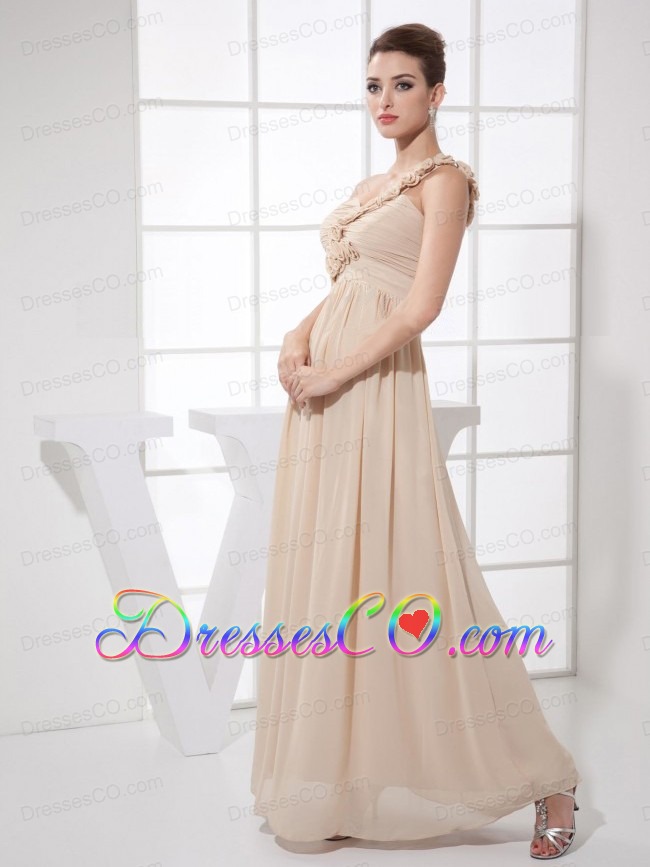 Hand Made Flowers Decorate Bodice Champagne Chiffon One Shoulder Ankle-length Prom Dress