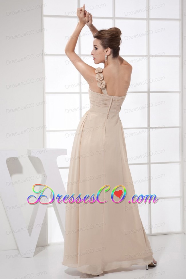 Hand Made Flowers Decorate Bodice Champagne Chiffon One Shoulder Ankle-length Prom Dress