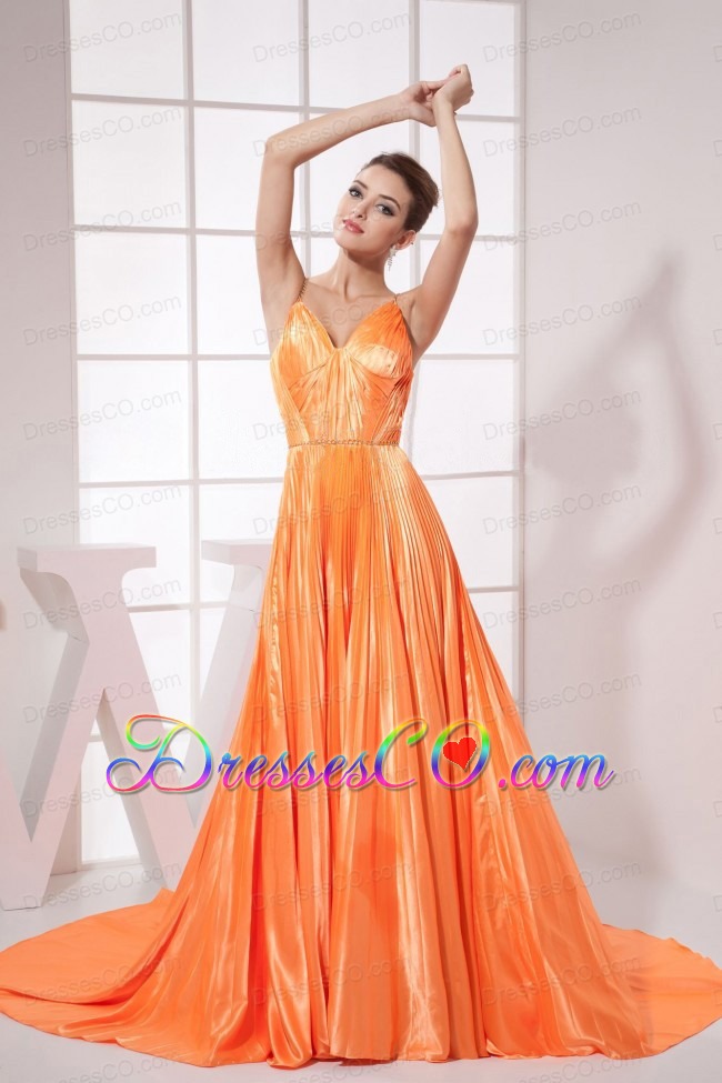 Orange Red Beading Pleat Elastic Woven Satin Court Train Prom Dress