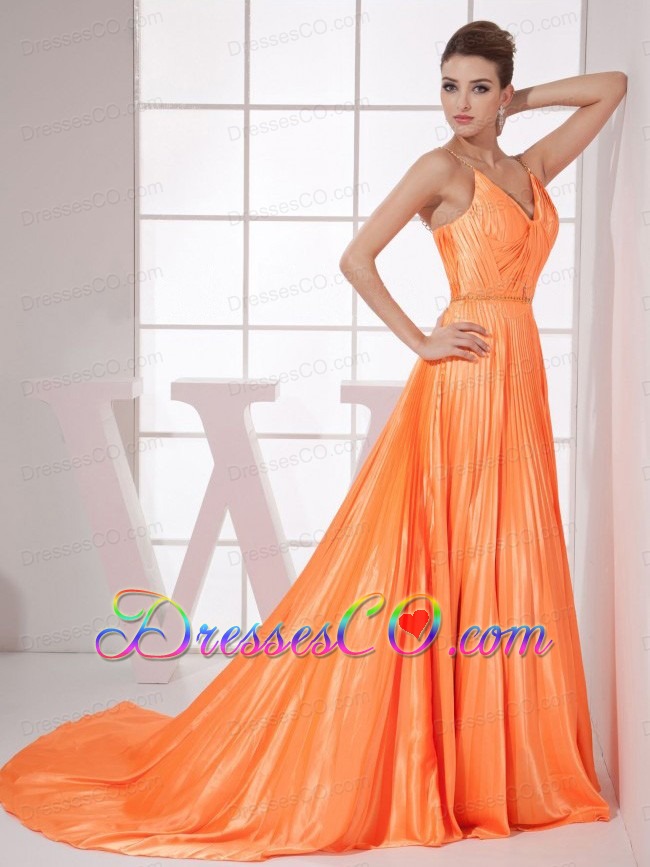 Orange Red Beading Pleat Elastic Woven Satin Court Train Prom Dress