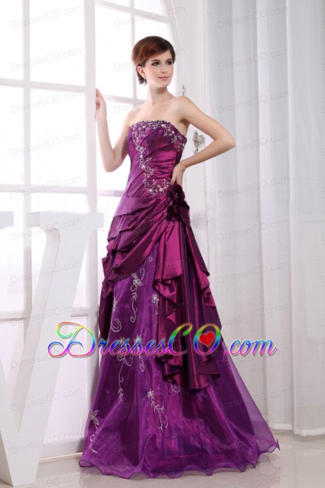A-line Strapless Taffeta Fuchsia Long Embroidery Prom Dress