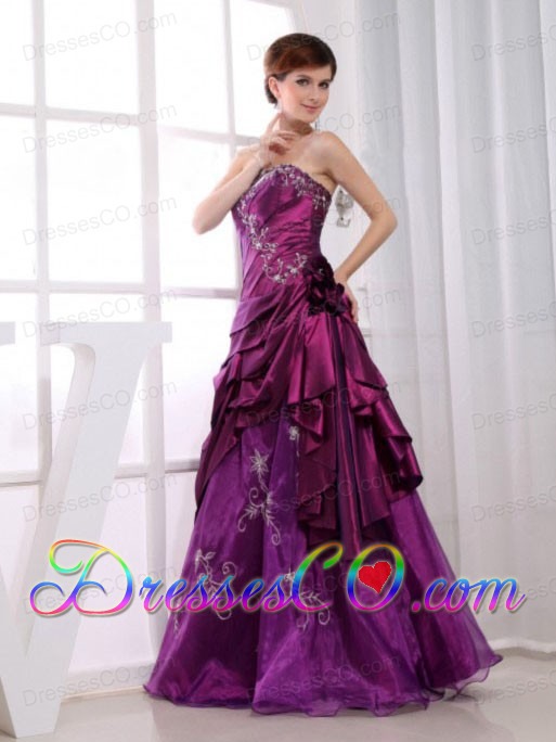 A-line Strapless Taffeta Fuchsia Long Embroidery Prom Dress
