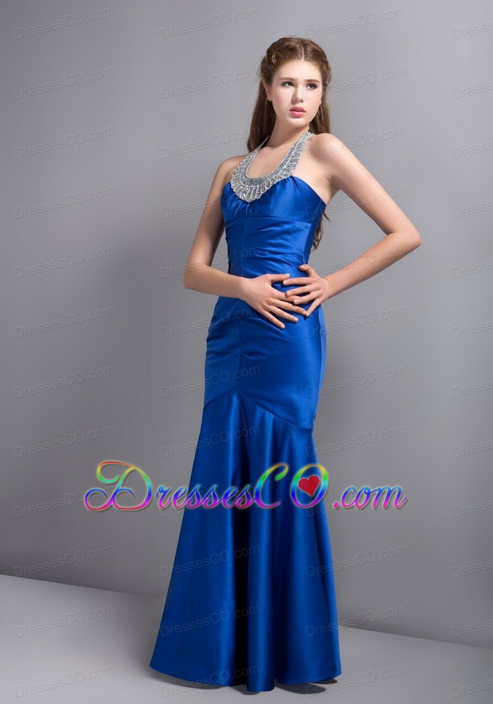 Customize Royal Blue Mermaid Halter Beading Prom Dress Ankle-length Taffeta