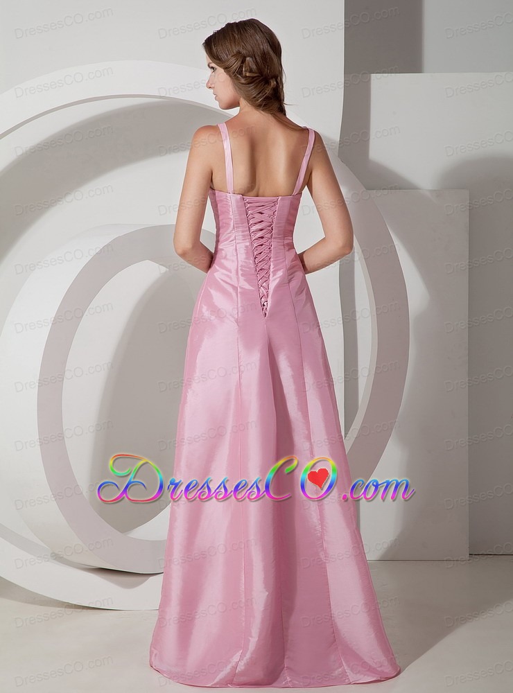 Rose Pink Empire Square Neck Long Taffeta Beading Prom Dress