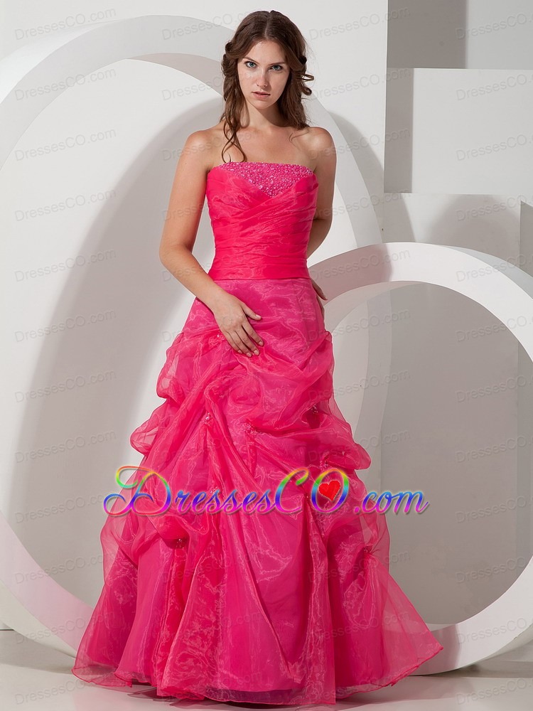 Customize Hot Pink A-line Strapless Beading Prom Dress Long Organza