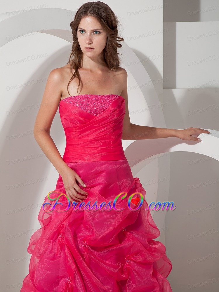 Customize Hot Pink A-line Strapless Beading Prom Dress Long Organza