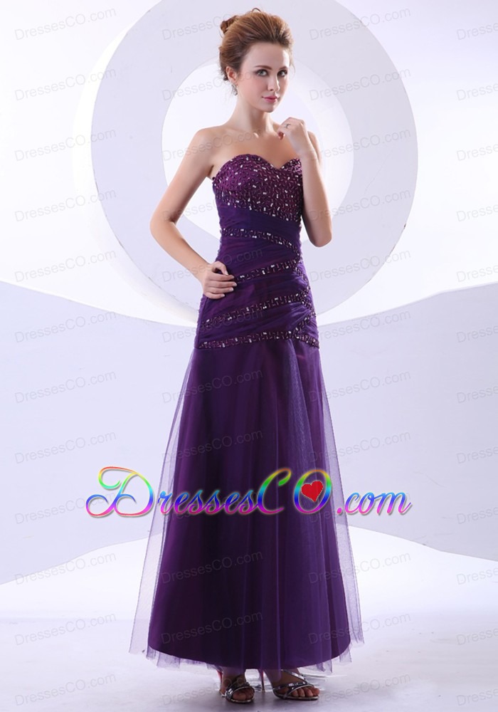 Beading Decorate Bodice Purple Ankle-length Tulle And Taffeta Prom Dress