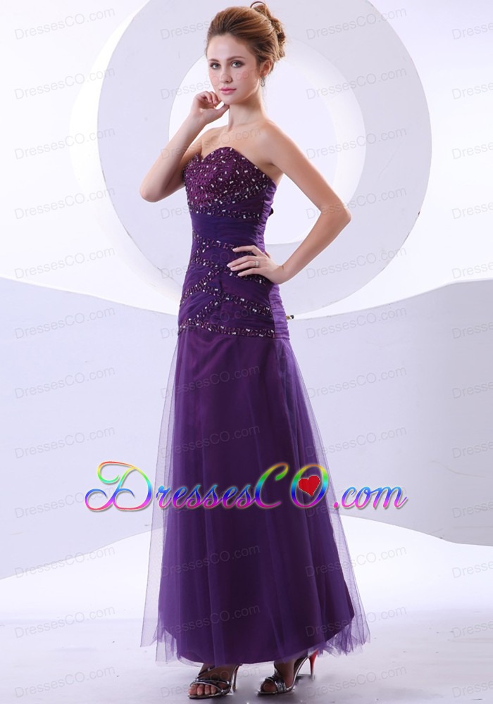 Beading Decorate Bodice Purple Ankle-length Tulle And Taffeta Prom Dress