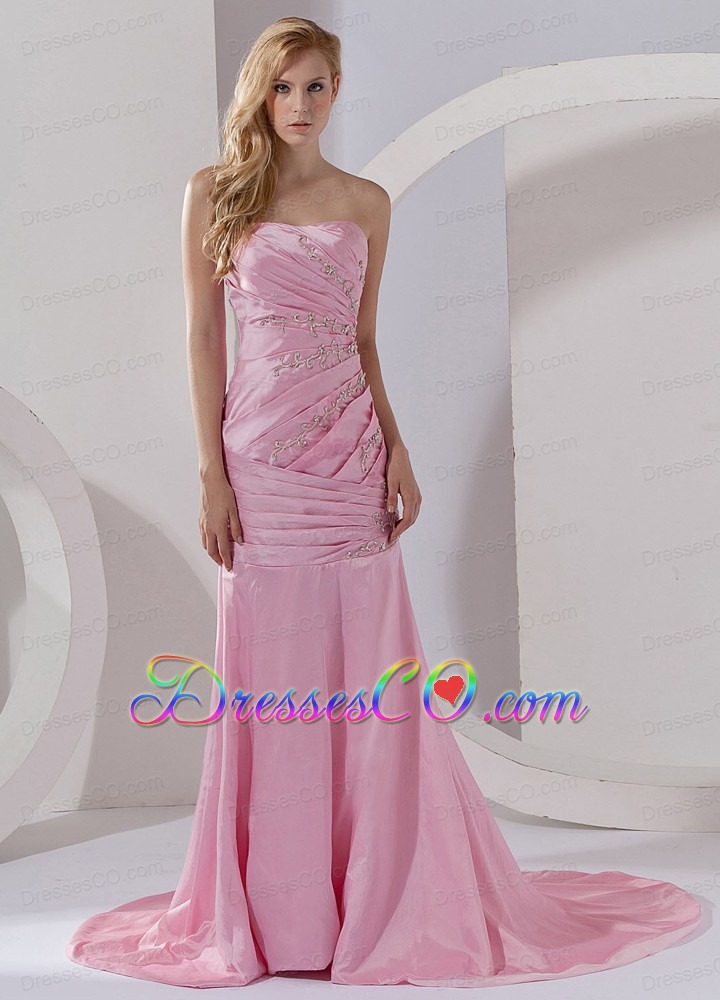 Mermaid Strapless Taffeta Prom Dress Pink Court Train Beading