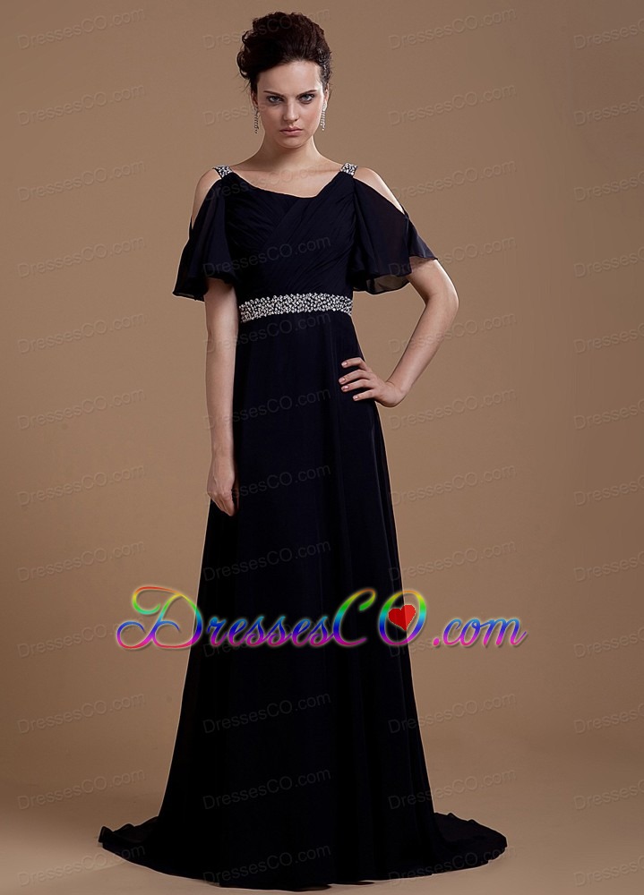 Black Prom Dress With V-neck Beaded Brush Train Chiffon