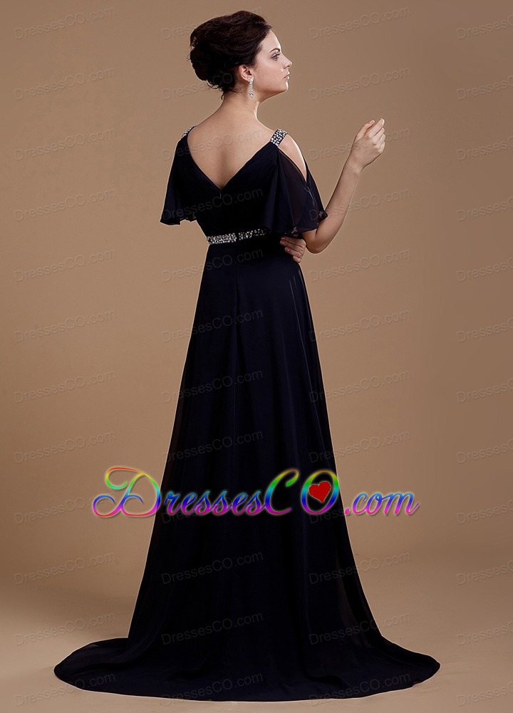 Black Prom Dress With V-neck Beaded Brush Train Chiffon