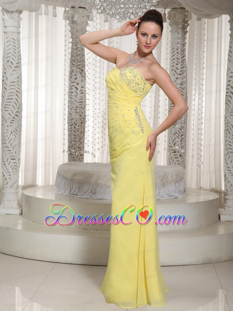 Chiffon Yellow Prom Dress For Graduation With Ruched Beading Decorate