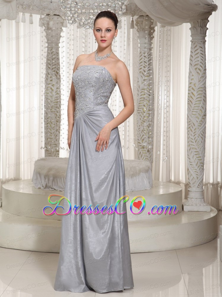 Column Strapless Appliques And Beading Long Grey Prom Dress For Party