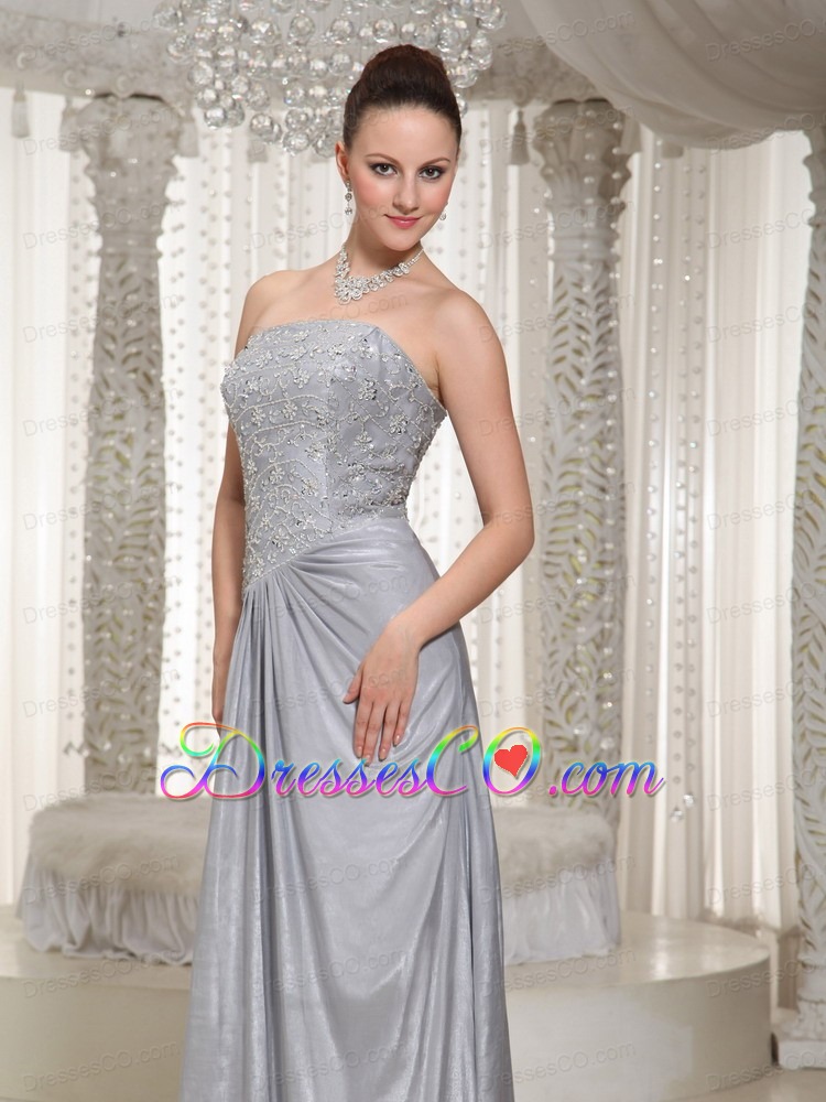 Column Strapless Appliques And Beading Long Grey Prom Dress For Party
