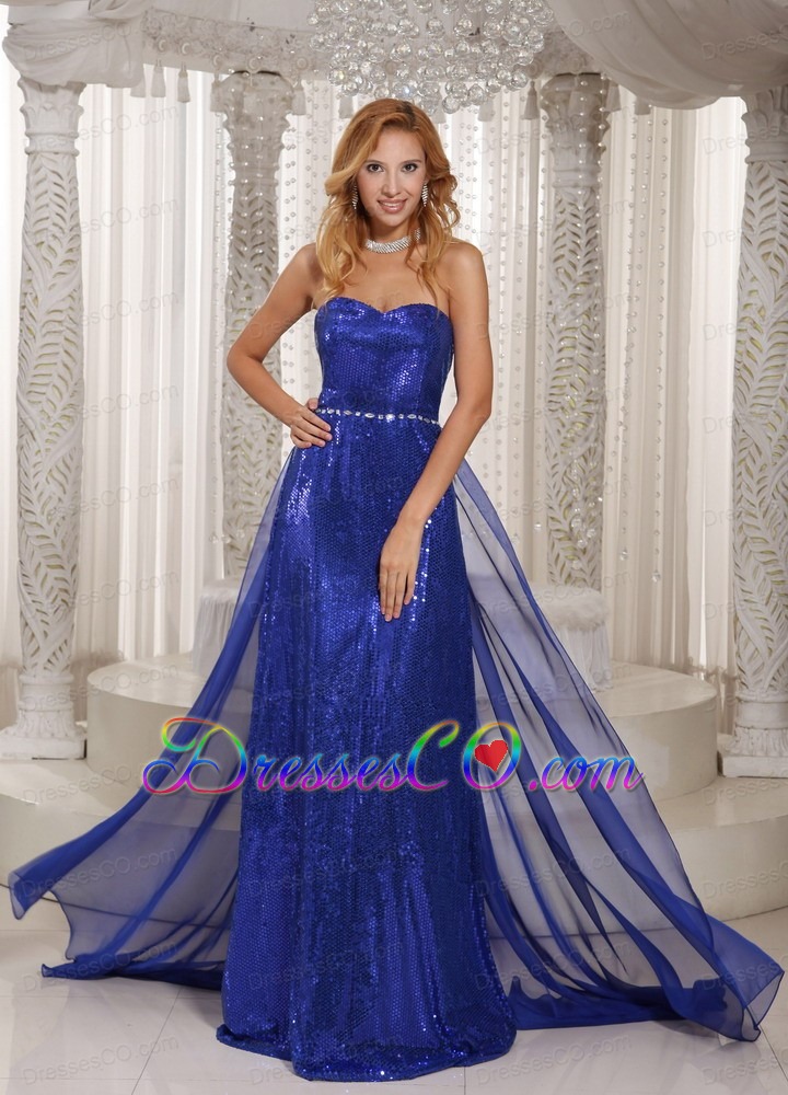 Royal Blue Paillette Over Skirt Sheath Stylish Prom Dress With Chiffon