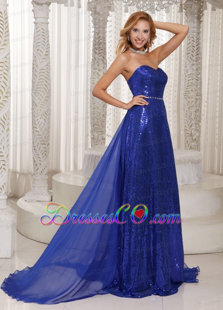 Royal Blue Paillette Over Skirt Sheath Stylish Prom Dress With Chiffon