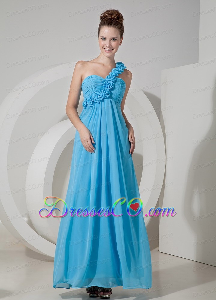 Cheap Aqua Blue Empire One Shoulder Prom / Evening Dress Chiffon Hand Made Flowers Long