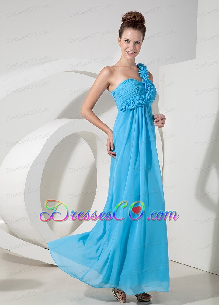Cheap Aqua Blue Empire One Shoulder Prom / Evening Dress Chiffon Hand Made Flowers Long