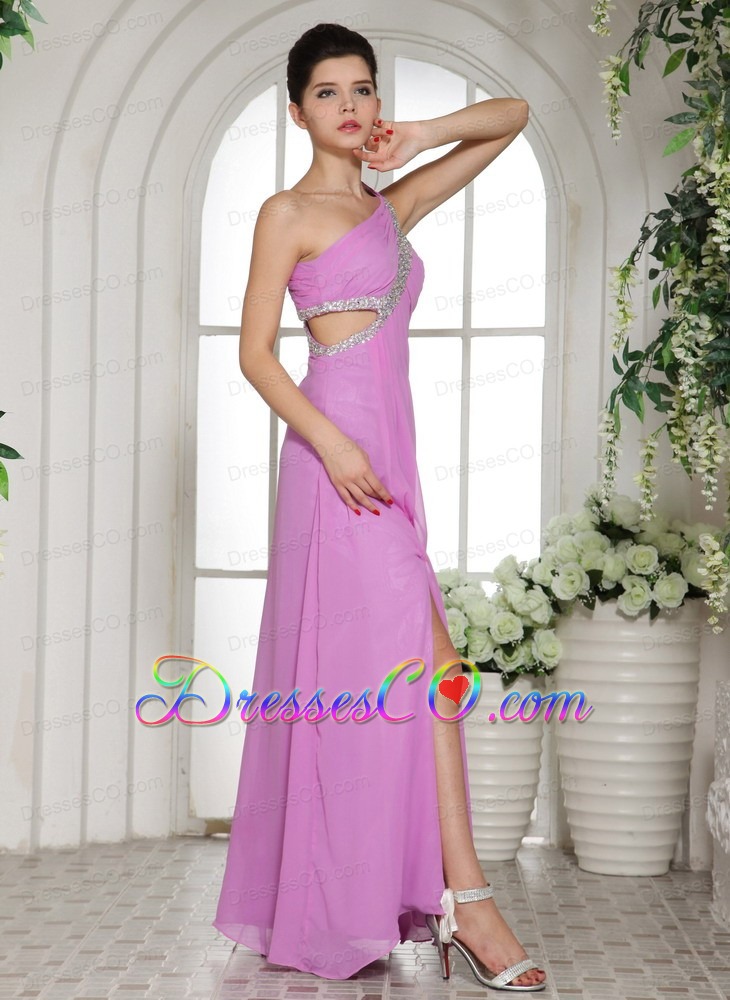 Custom Made Slit Lavender One Shoulder Prom Celebrity Dress With Ruching and Beading