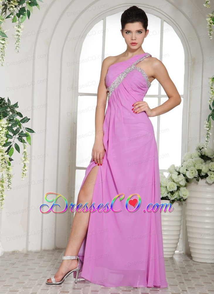 Custom Made Slit Lavender One Shoulder Prom Celebrity Dress With Ruching and Beading