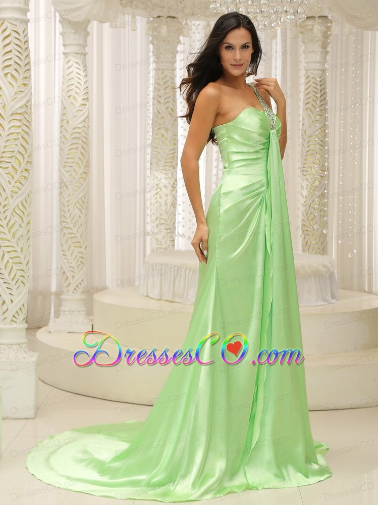 Beaded Decorate One Shoulder Ruched Bodice For Yellow Green Plus Size Prom Dress