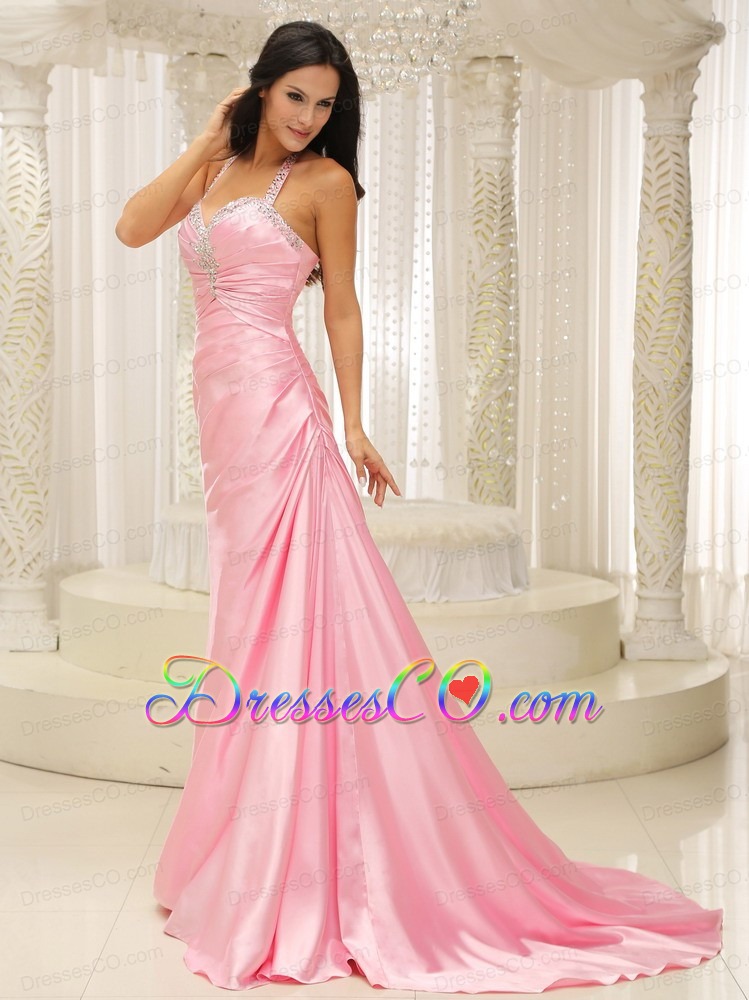 Rose Pink Halter Top Ruched Bodice For Prom Dress Brush Train