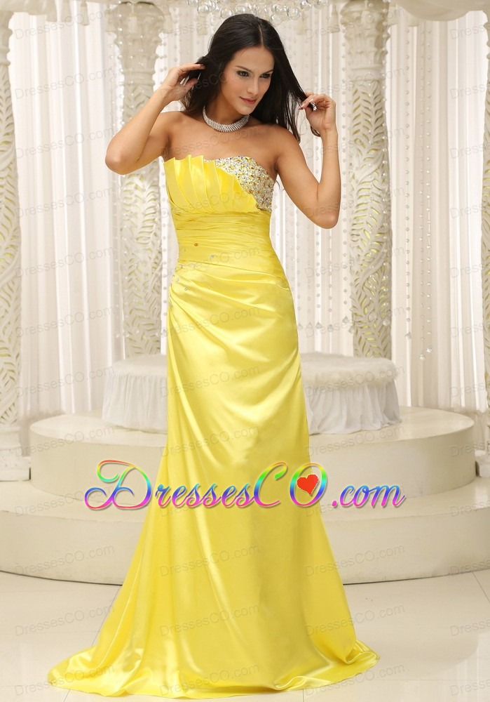 Yellow Strapless With Ruching and Beading Bodice Prom Dress Gorgeous Custom Made