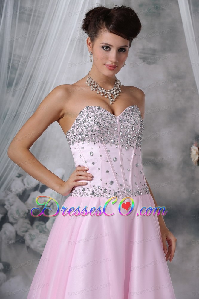 Baby Pink Empire Long Tulle And Satin Beading Prom Dress