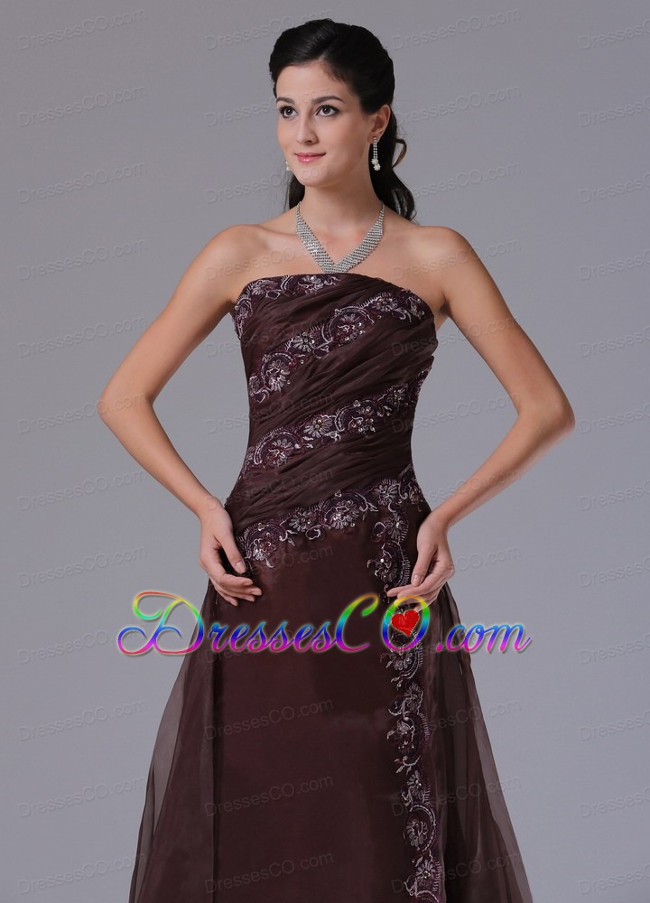 Wholesale Brown Column Appliques Decorate Prom Celebity Dress With Strapless