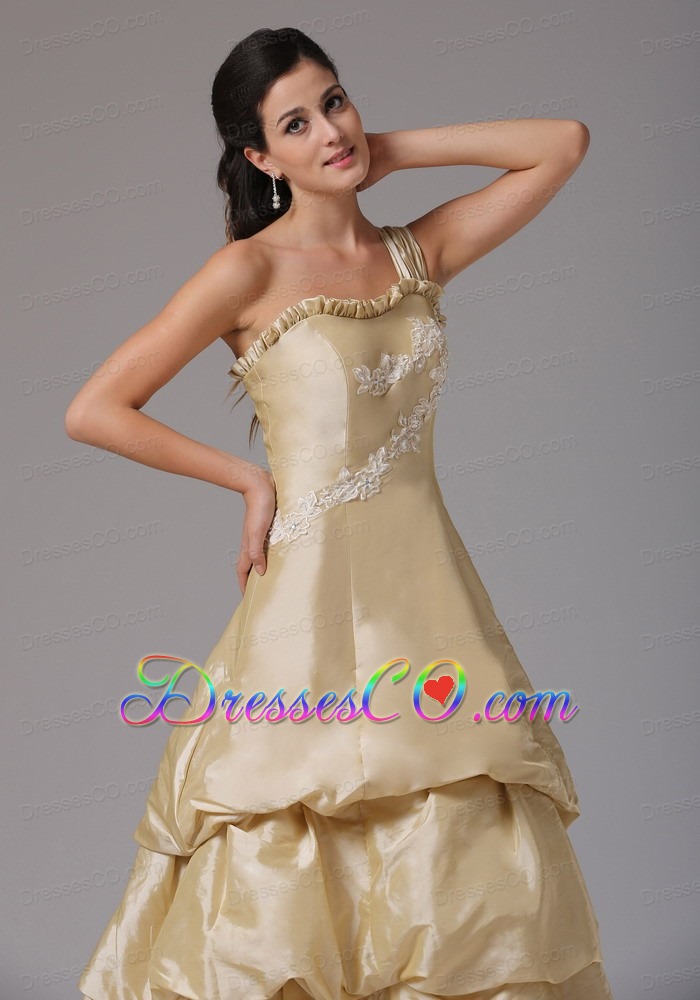 Wholesale A-line Champagne One Shoulder Prom Dress With Appliques Decorate Bust Ruffled Layered