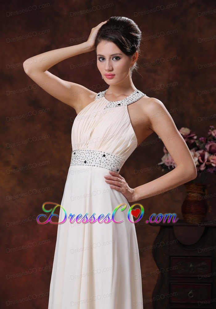 Scoop Custom Made Off White Beaded Decorate Waist Prom Dress