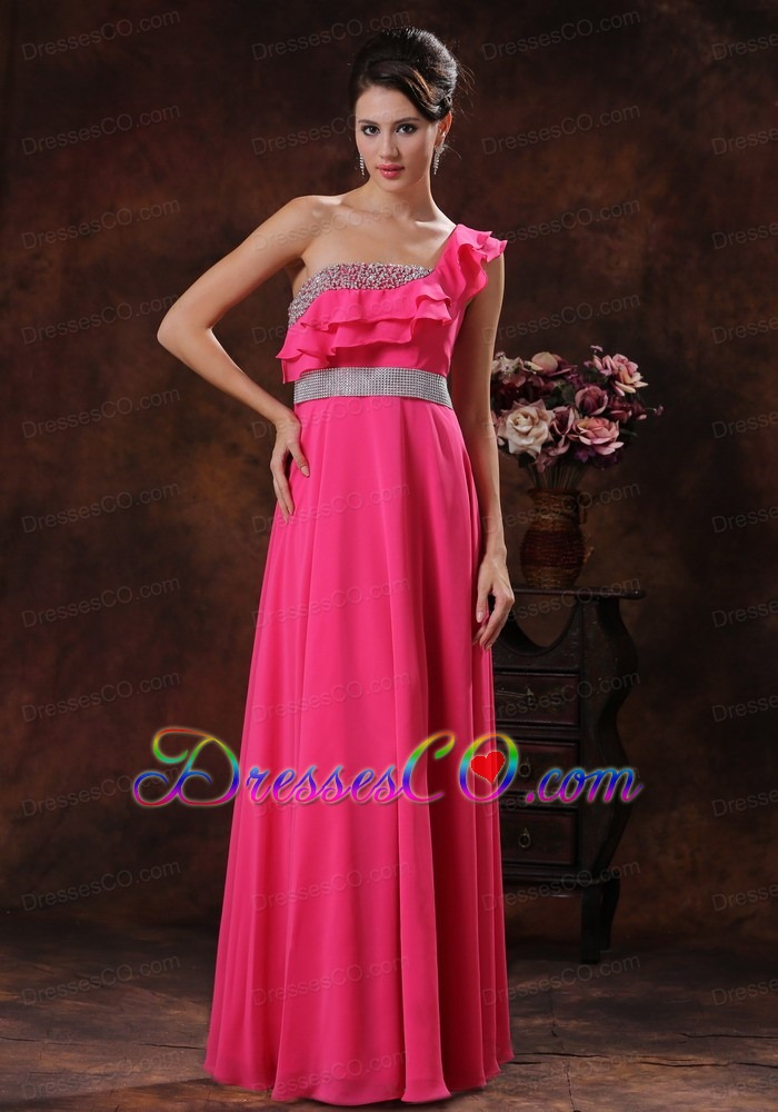 One Shoulder Hot Pink Beaded Decorate Prom Dress