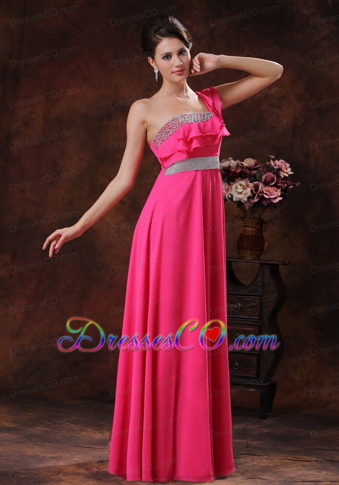 One Shoulder Hot Pink Beaded Decorate Prom Dress
