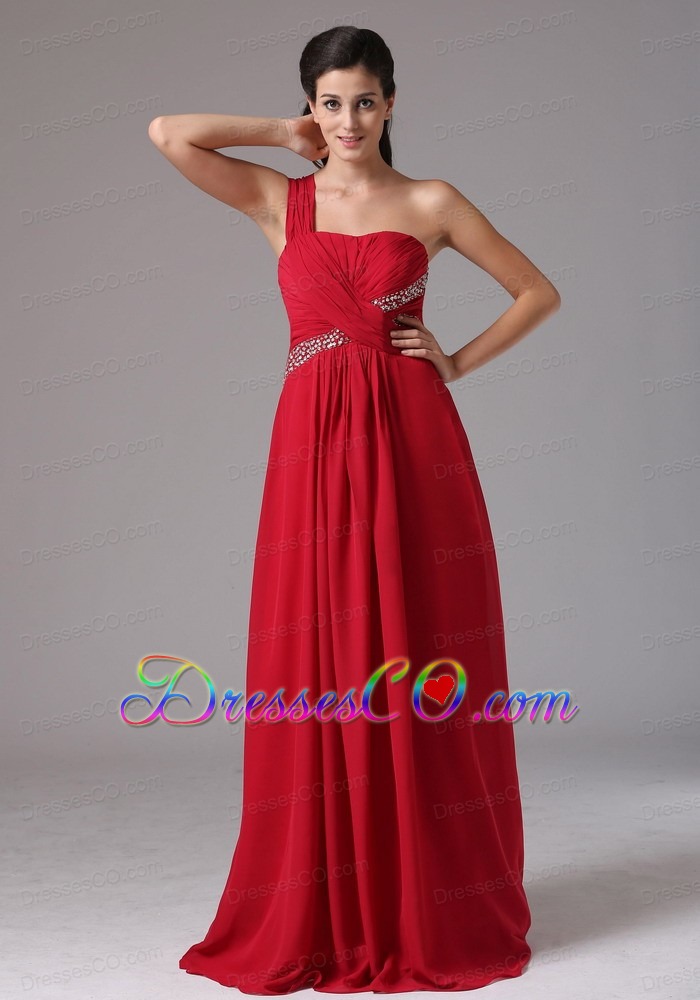Stylish Red One Shoulder Beading and Ruching Prom Dress
