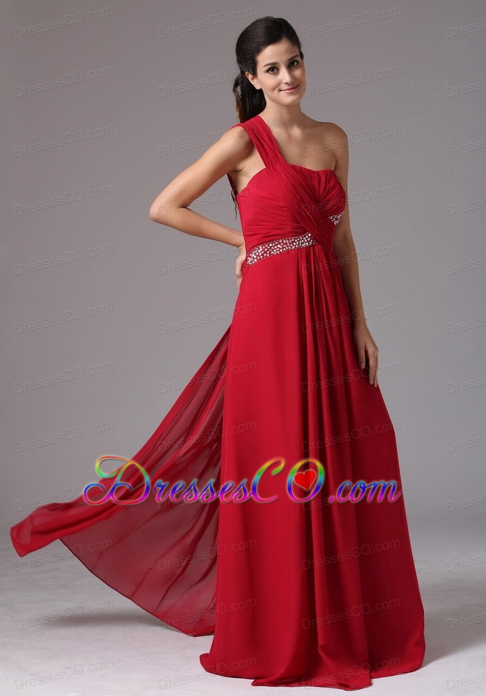 Stylish Red One Shoulder Beading and Ruching Prom Dress