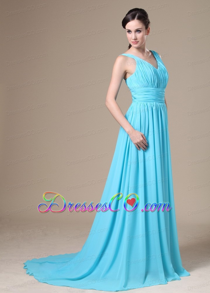 Aqua Blue V-neck and Ruched Bodice For Modest Bridesmaid Dress