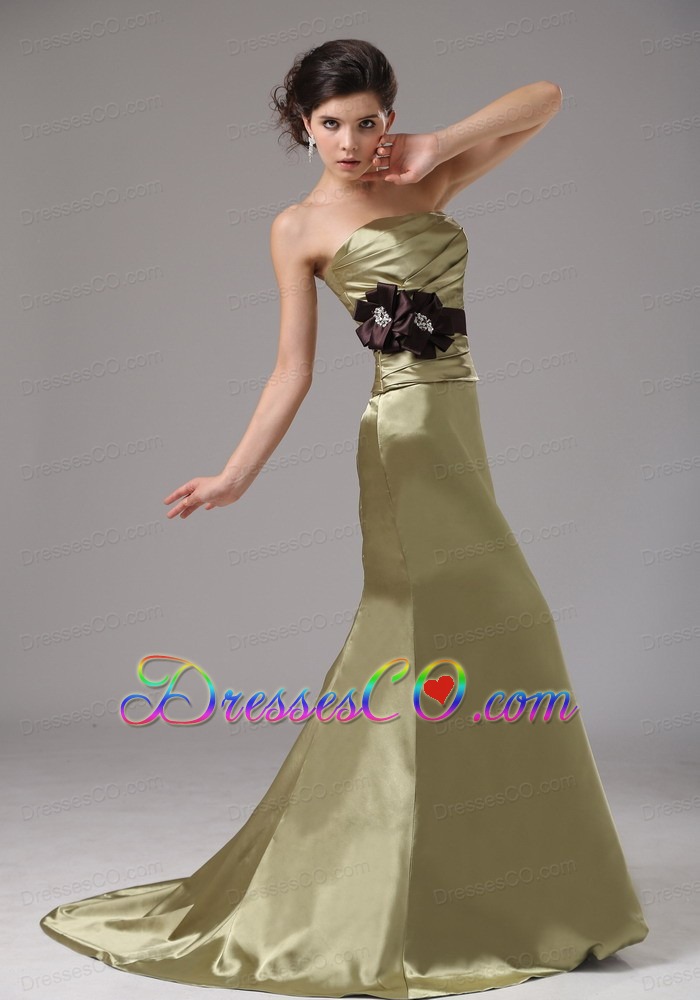 Strapless Mermaid Elastic Woven Satin Olive Green Prom Dress With Black Sash