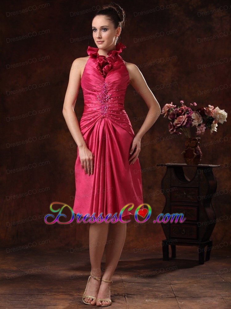 Beaded And Ruched For Hot Pink Halter Prom Dress Knee-length