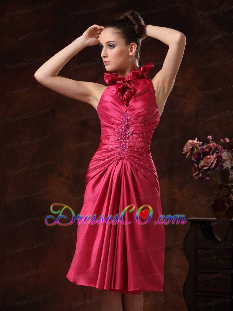 Beaded And Ruched For Hot Pink Halter Prom Dress Knee-length