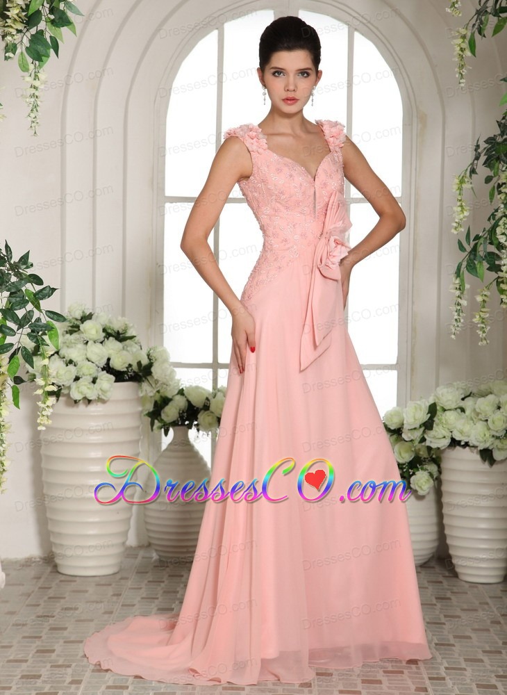 Baby Pink Straps Hand Made Flowers Stylish Prom Gowns With Brush Train