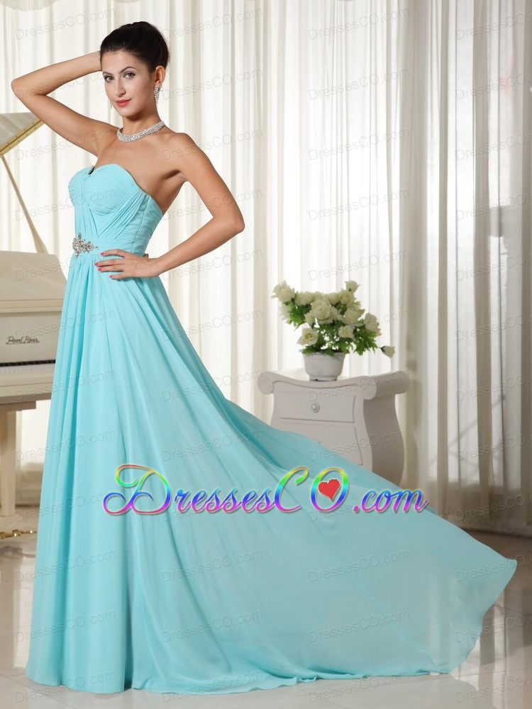 Aqua Blue Ruches Bodice Elegant Prom Dress Chiffon Brush Train For Customer Made